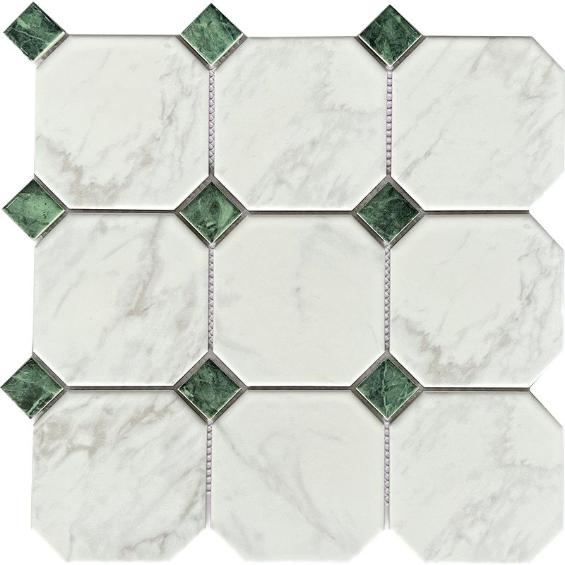 Gạch ốp lát bếp hình bát giác trắng sứ chống cháy kháng khuẩn 6mm hiện đại