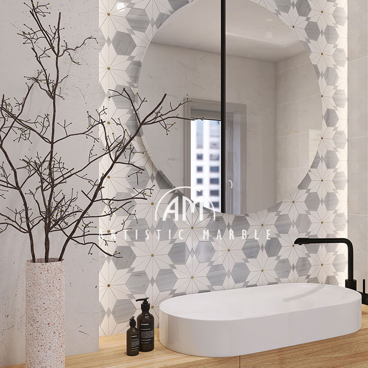 Gạch Mosaic Cao Cấp Đá Cẩm Thạch Cắt Tia Nước Hình Hoa Kết Hợp Kim Loại
