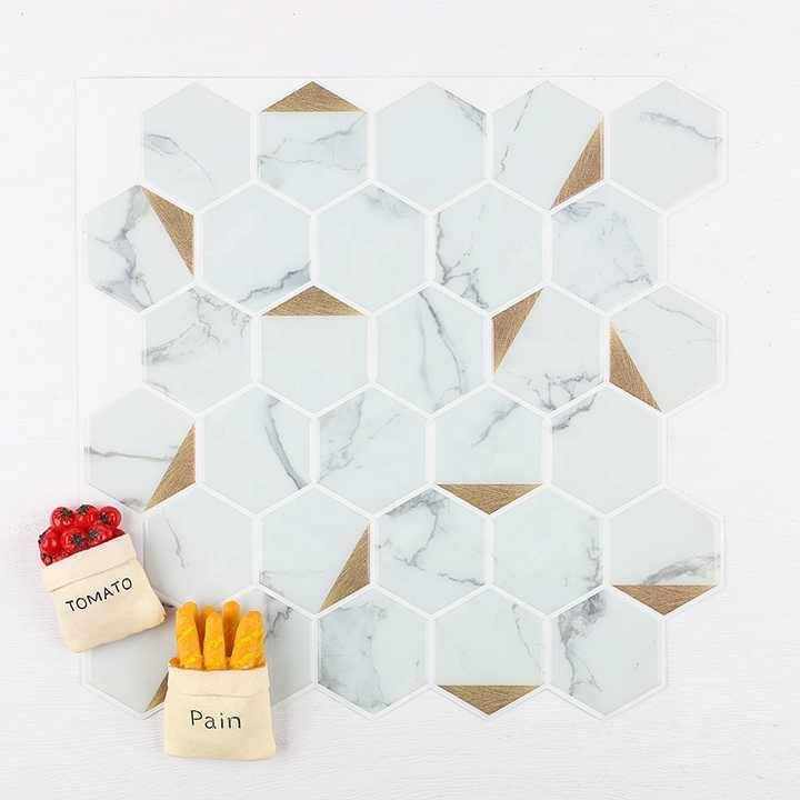 Gạch dán tường tự dính hình lục giác Carrara 1mm, chất liệu PVC