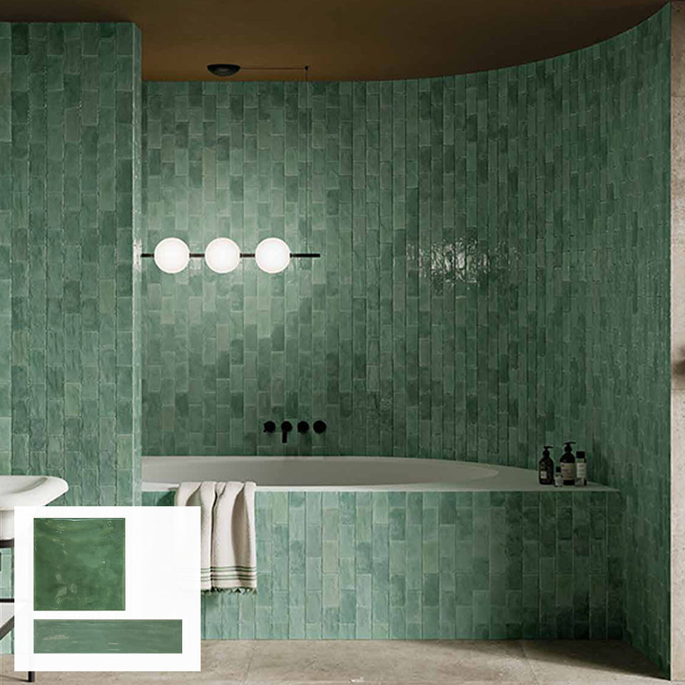 Gạch thẻ mosaic bề mặt gợn sóng màu xanh lá bóng