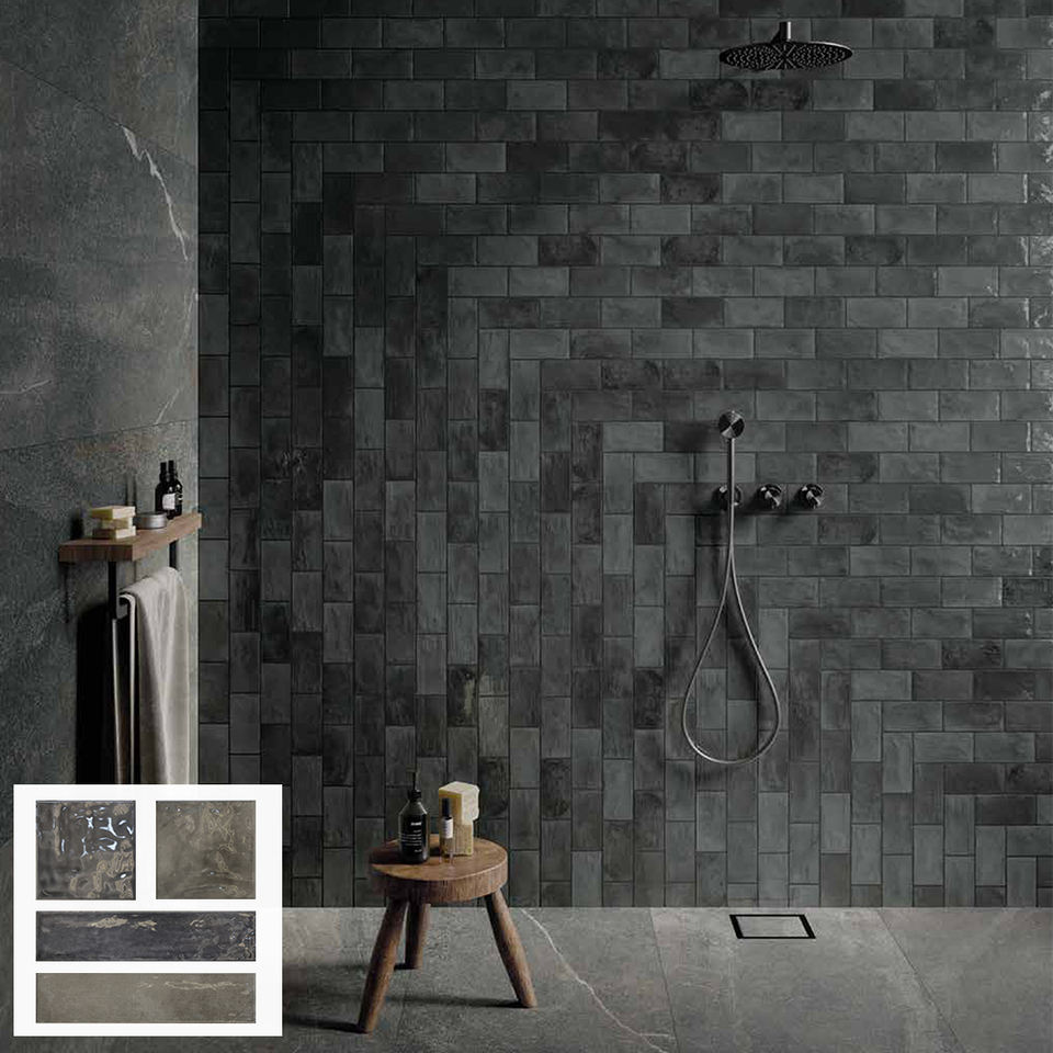 Gạch ốp tường kiểu Subway màu đen và xám, bề mặt men, thiết kế mộc mạc, trông giống gạch, dùng cho sảnh