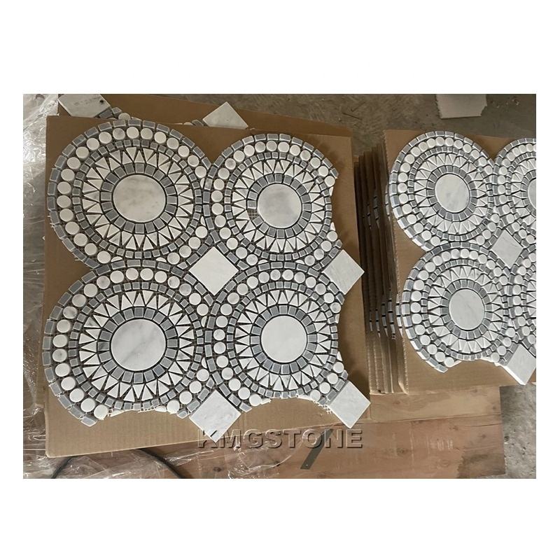 Soulscrafts Gạch Mosaic Đá Cẩm Thạch Carrara Hình Tròn Đồng Xu Màu Trắng Hiện Đại và Tấm Đá Dolomite Đánh Bóng