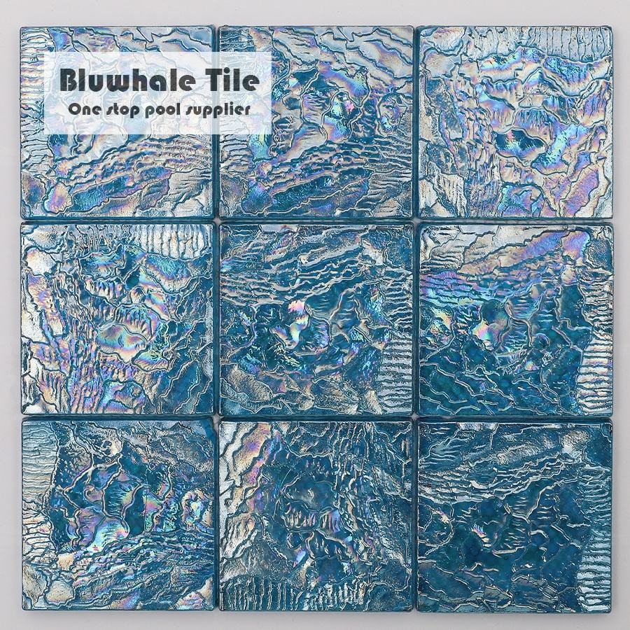 Gạch khảm thủy tinh hồ bơi mặt gợn sóng Bluwhale 97x97mm màu xanh óng ánh