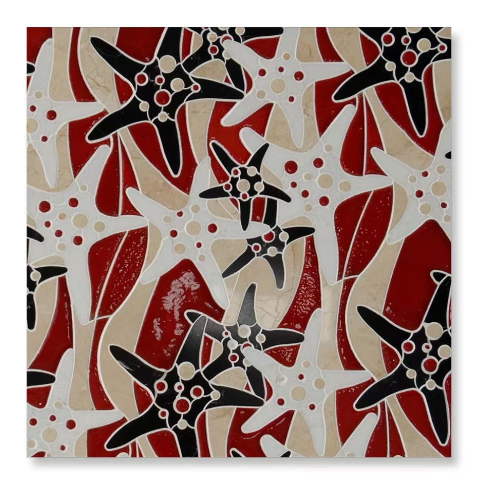 Gạch Mosaic Đá Cẩm Thạch Ngôi Sao Đỏ Và Đen Lấp Lánh, Tùy Chỉnh Chất Lượng Cao, Thiết Kế Hiện Đại Thủ Công Cho Tường Phòng Tắm Khách Sạn Và Bếp
