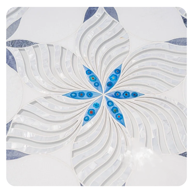 Gạch ốp tường mosaic vỏ sò ba chiều thiết kế hiện đại, mang không khí mùa đông, chất liệu kính siêu trắng và đá tự nhiên dùng cho tường nền