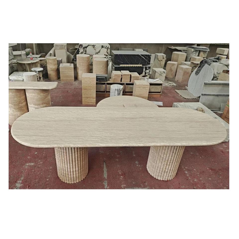 Bàn ăn/bàn cà phê hình bầu dục/tròn bằng đá cẩm thạch Travertine màu be tự nhiên cao cấp thiết kế hiện đại