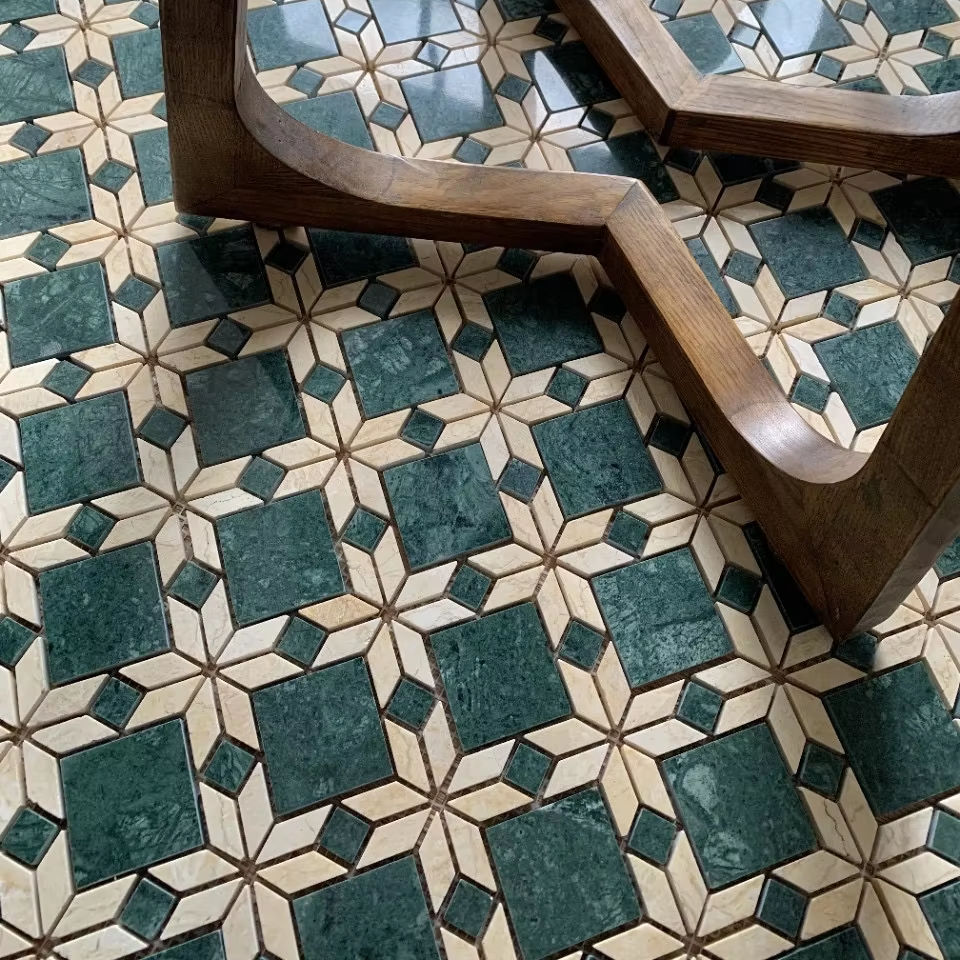 DTH Gạch Mosaic Đá Cẩm Thạch Tự Nhiên Màu Xanh Lá Đậm Be, Thiết Kế Hiện Đại, Lát Tường & Sàn Bếp & Phòng Tắm Kiểu Parquet Dành Cho Khách Sạn