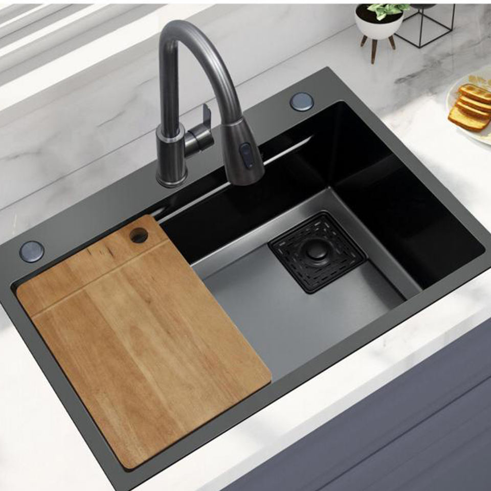 Bồn rửa chén inox kiểu Nhật, một hộc lớn, xả trái, vòi nước mưa
