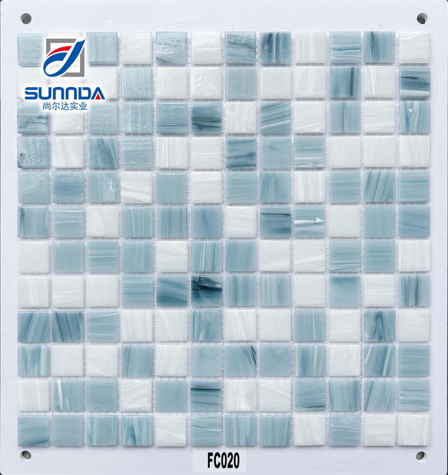 Mosaic kính 48x48 mm thiết kế xanh dương nóng và vàng trang trí tường phòng tắm, bếp dạng lưới