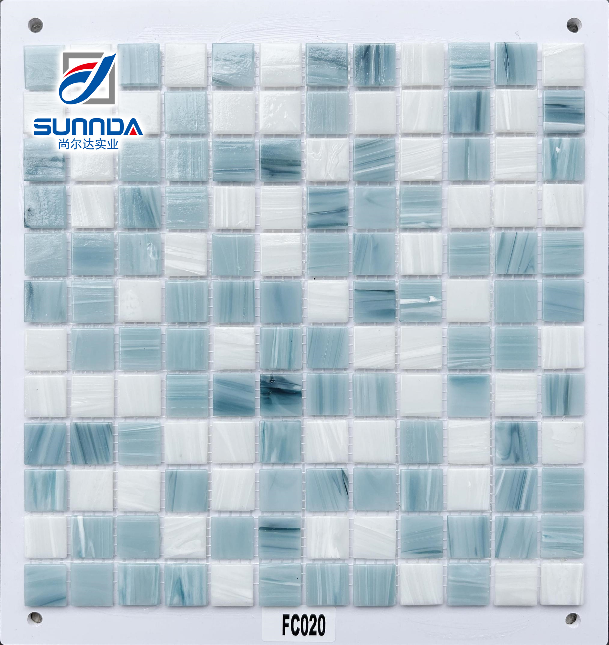 Mosaic kính 48x48 mm thiết kế xanh dương nóng và vàng trang trí tường phòng tắm, bếp dạng lưới