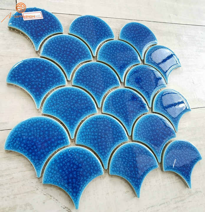 Gạch khảm men sứ hình vảy cá màu xanh cổ điển hiện đại