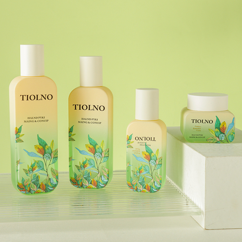 Bộ Chai Bơm Đựng Kem/Sữa Dưỡng Thủy Tinh Mờ Sương Chuyển Màu Xanh Lá 120ml Cao Cấp Kèm Chai Tinh Chất Mờ Sương 20ml Có Bao Bì Mỹ Phẩm