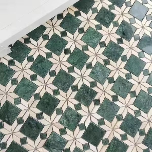 Gạch mosaic đá DTH dày 10mm, thiết kế hiện đại, làm từ đá cẩm thạch tự nhiên và kính, màu xanh đậm be, dùng cho Nhà bếp, Phòng tắm, Khách sạn