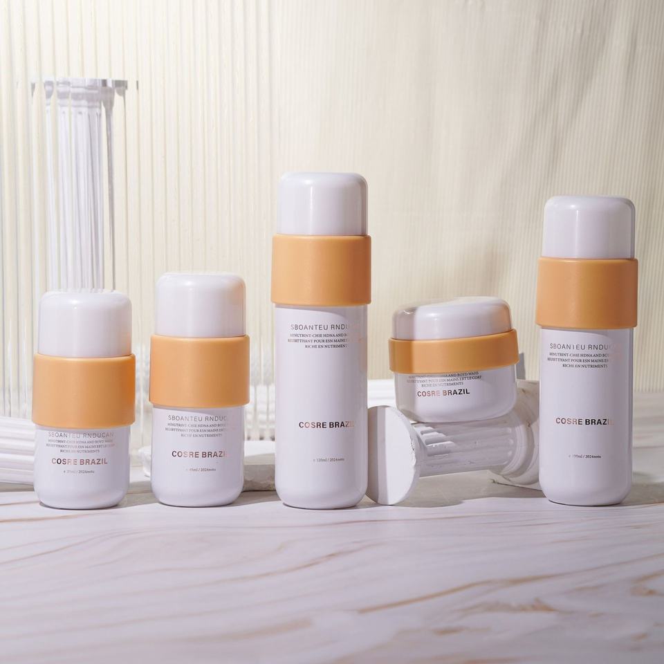 Lọ mỹ phẩm thủy tinh đáy tròn màu hồng và trắng 120ml, nắp vàng nhạt, dùng đựng kem hoặc nhũ tương nước, dung tích 50g