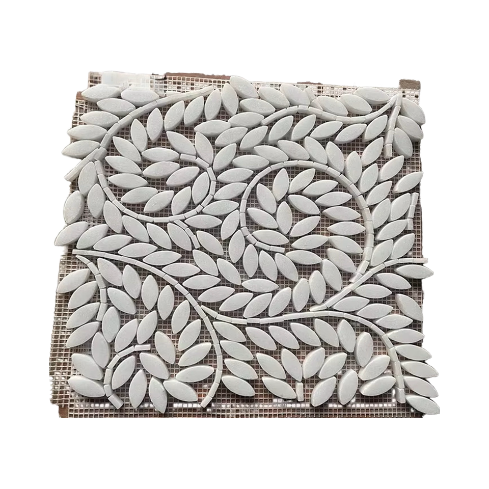 Gạch Mosaic Đá Cẩm thạch Trắng Thassos Thiết kế Lá Hiện đại, Bề mặt bóng, Độ dày 4mm, 12x12, dùng trang trí phòng và biệt thự, với kiểu lát xương cá