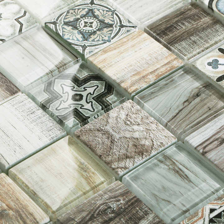 Ốp tường gạch mosaic kính gỗ pha lê kiểu hiện đại in phun cho nhà bếp, phòng tắm, phòng khách, thiết kế lát sàn gỗ