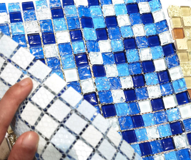 Gạch Mosaic Chống Trượt Hình Vuông Thiết Kế Bề Mặt Vân Nứt Băng Màu Xanh Dương Dùng Cho Hồ Bơi Và Phòng Tắm