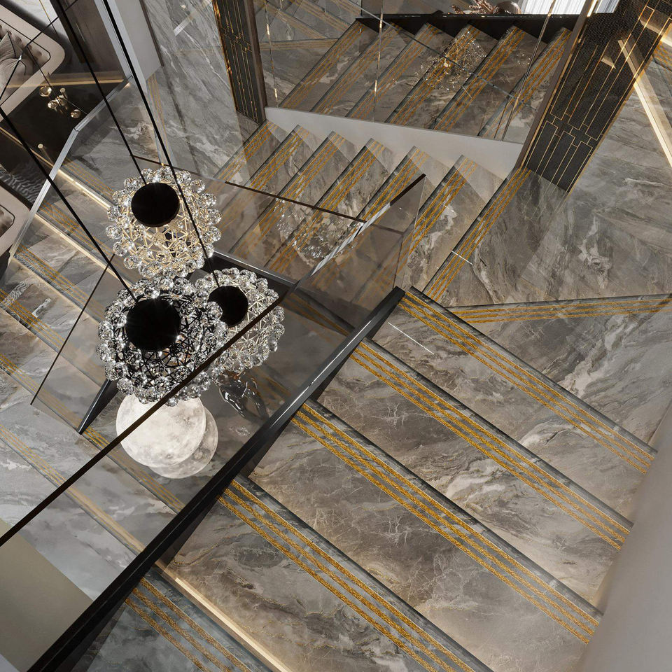 Gạch lát Sang trọng Chống trượt Dát vàng Vân đá cẩm thạch dành cho Cầu thang biệt thự hiện đại trong nhà, căn hộ và Thiết kế nội thất hiện đại