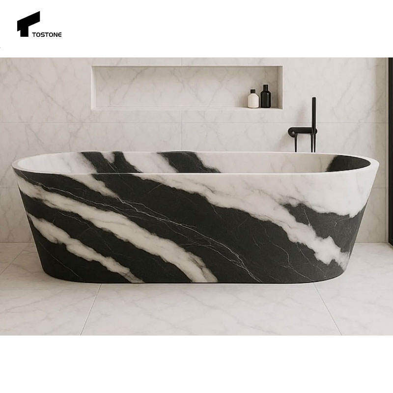 Nội thất phòng tắm Tostone sản xuất trực tiếp từ nhà máy, Bồn tắm đá tự nhiên hình bầu dục Trắng Panda