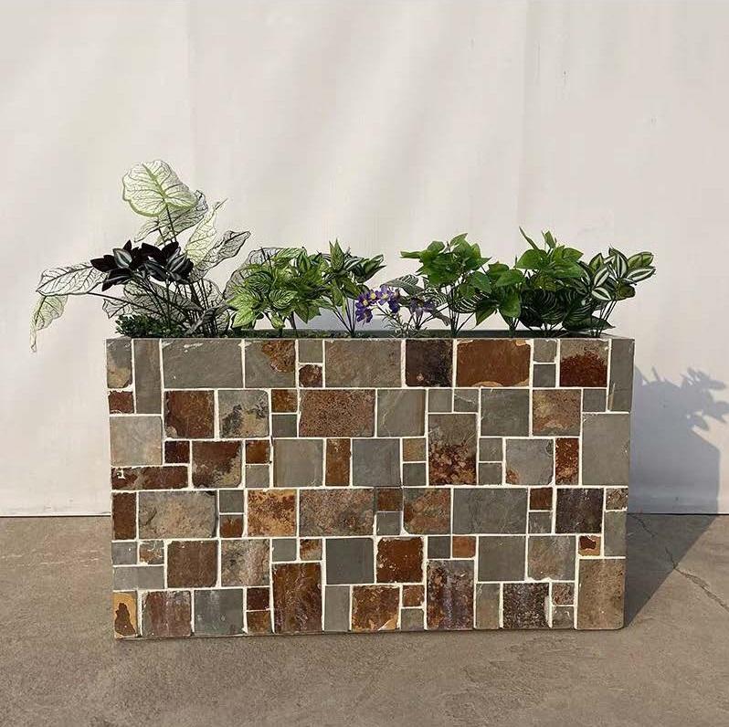 Chậu hoa hình chữ nhật lớn bằng đá khảm mOSAIC trang trí sân vườn độc đáo