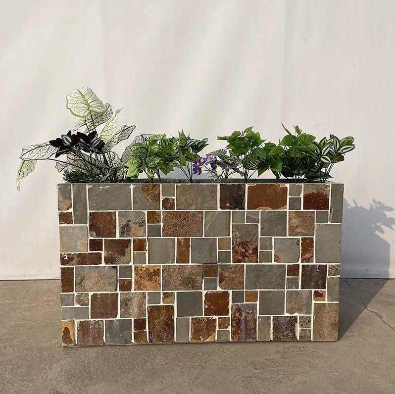 Chậu hoa hình chữ nhật lớn bằng đá khảm mOSAIC trang trí sân vườn độc đáo