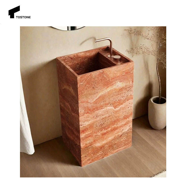 Chậu rửa chân đế đá Travertine đỏ tự nhiên Tostone Tối giản