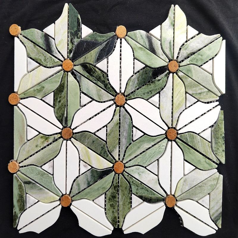 Gạch Mosaic Đá Cẩm Thạch Họa Tiết Hoa Cắt Tia Nước Hiện Đại với Khảm Đồng Thau cho Ốp Bếp và Gạch Ốp Tường Phòng Tắm Khách Sạn