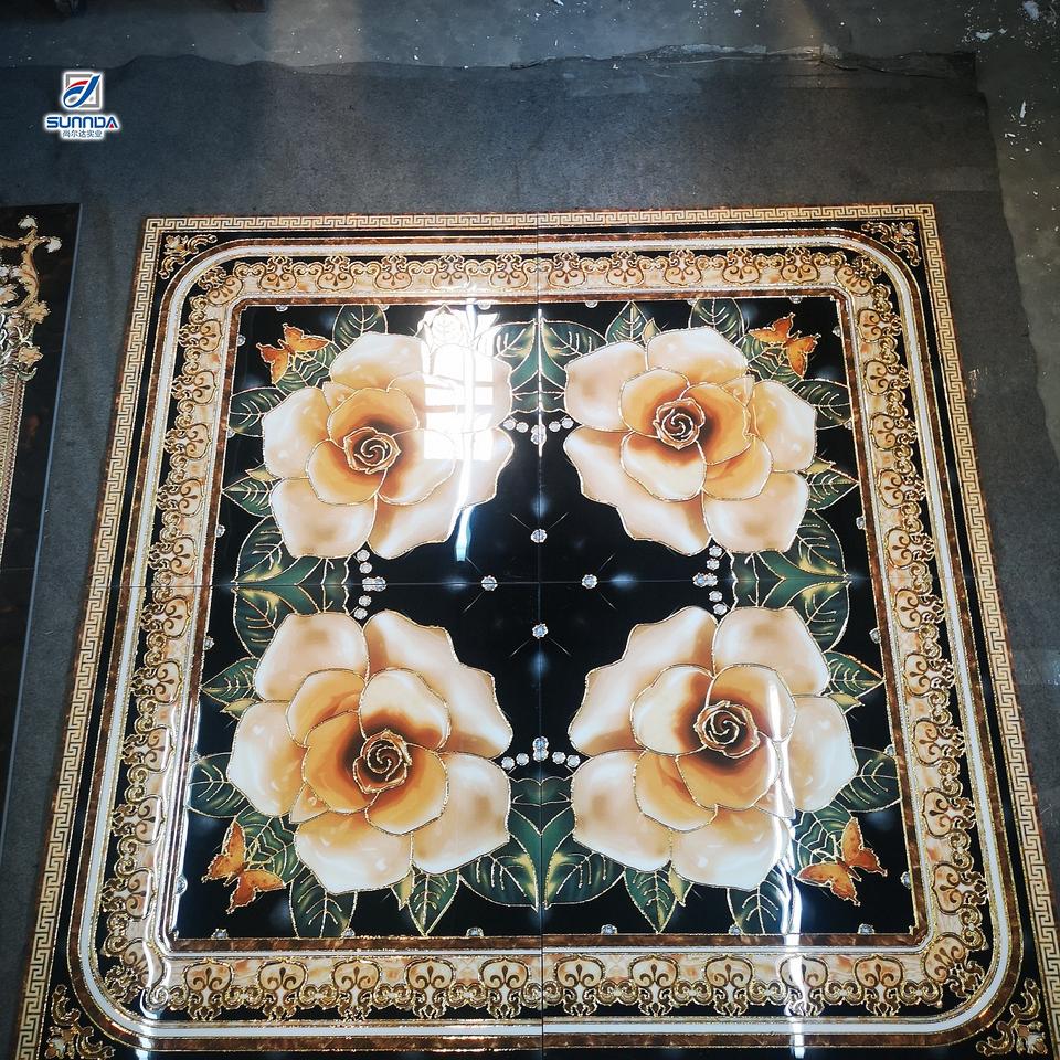 Gạch Sứ Lát Sàn Phong Cách Thảm Sáng, Tráng Men Bóng, Bề Mặt Dập Nổi Mạ Vàng Họa Tiết Hoa