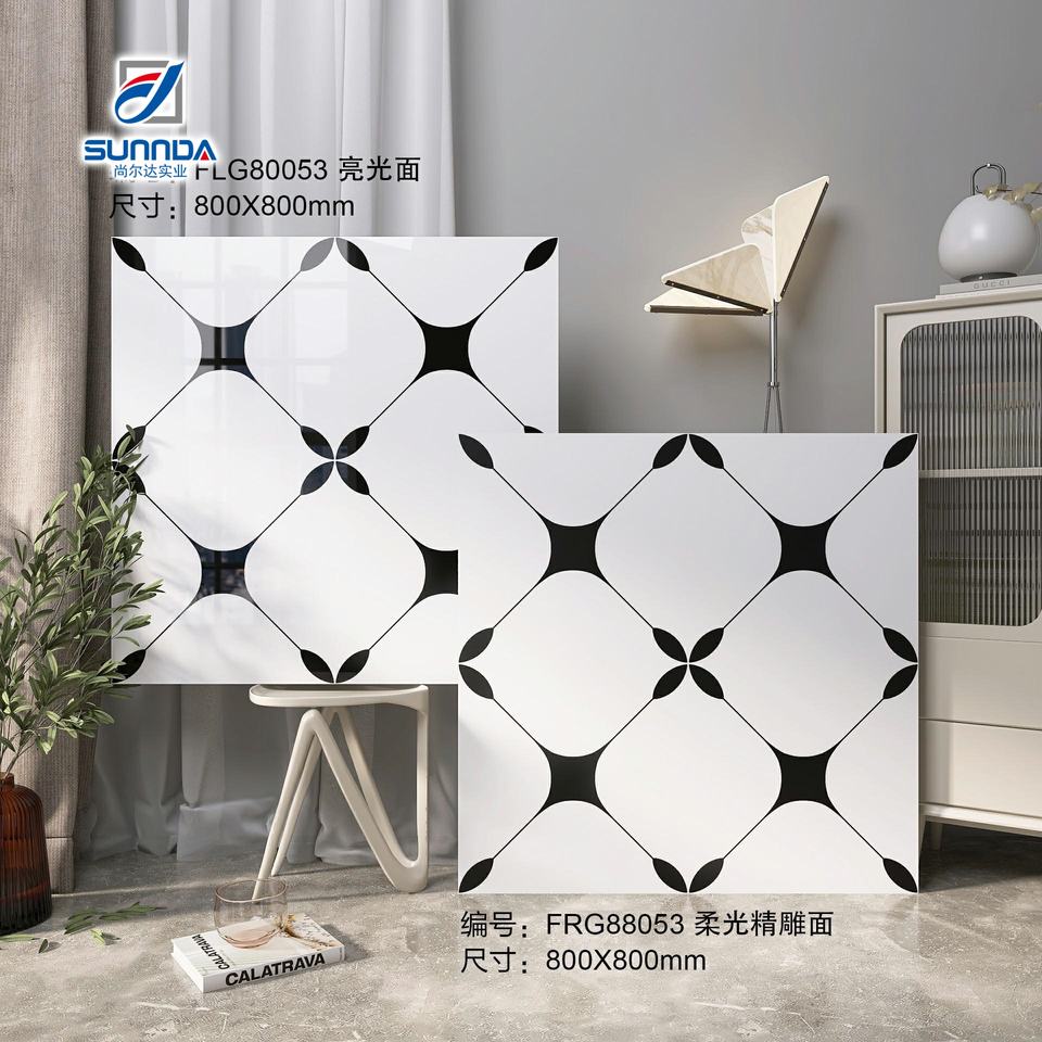 Gạch Lát Sàn Sứ Trang Trí Nhà Cửa Trắng Đen Họa Tiết Hoa Tráng Men Bóng Mờ