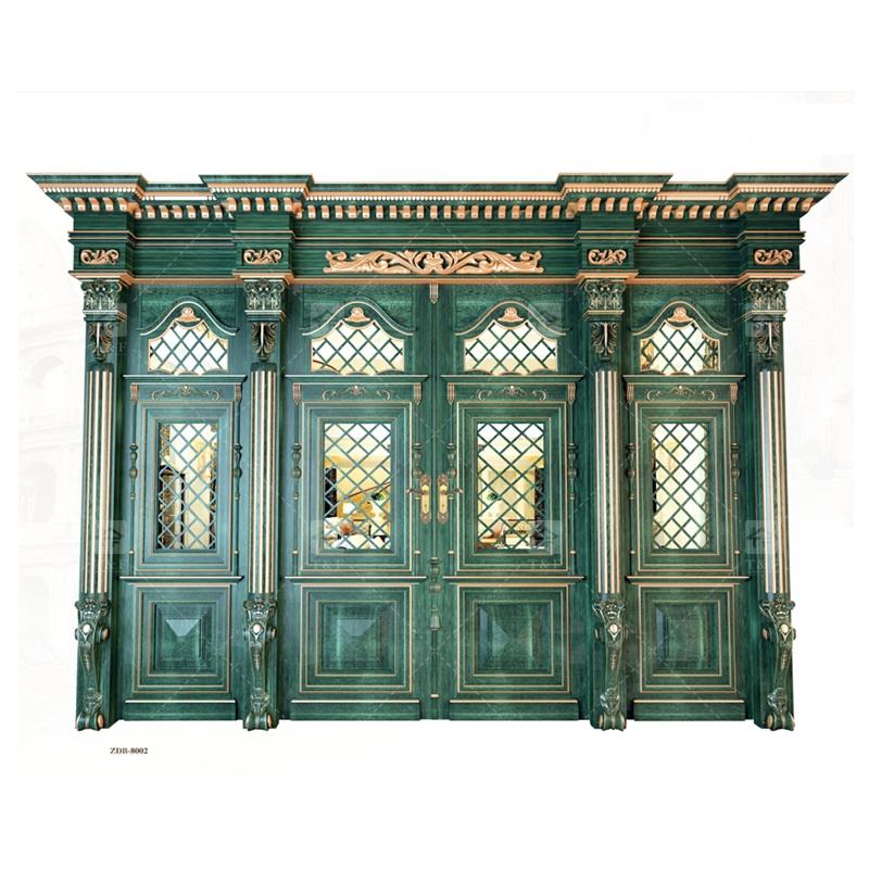 Cửa chính đôi gỗ hiện đại chạm khắc gỗ nguyên khối, chống thấm nước, dùng cho ngoại thất đã hoàn thiện.