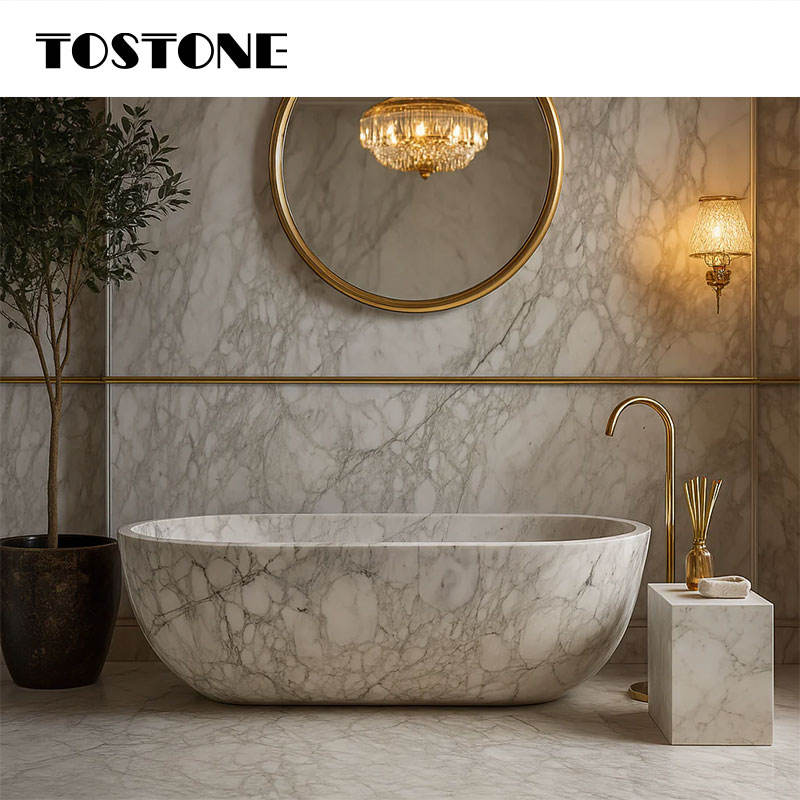 Tostone Bồn tắm đặt sàn đá cẩm thạch trắng tự nhiên nguyên khối dày Dùng trong nhà Bền bỉ Nội thất phòng tắm gia đình cải tạo