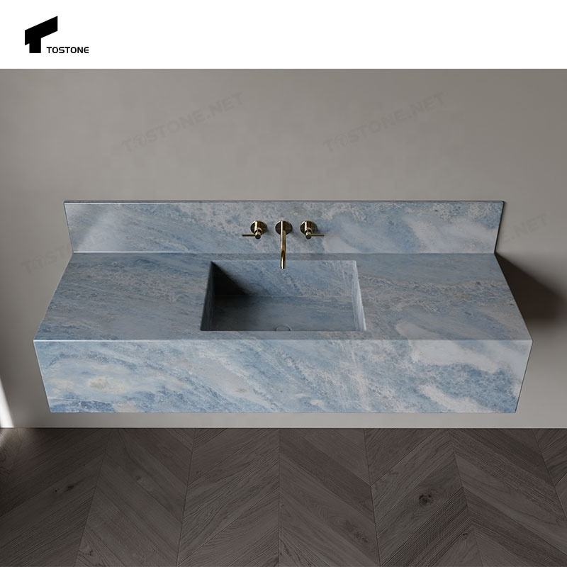 Tostone Bàn lavabo đá cẩm thạch xanh da trời tự nhiên vân bền phong cách đơn giản dành cho trang trí phòng tắm căn hộ, biệt thự, khách sạn, penthouse
