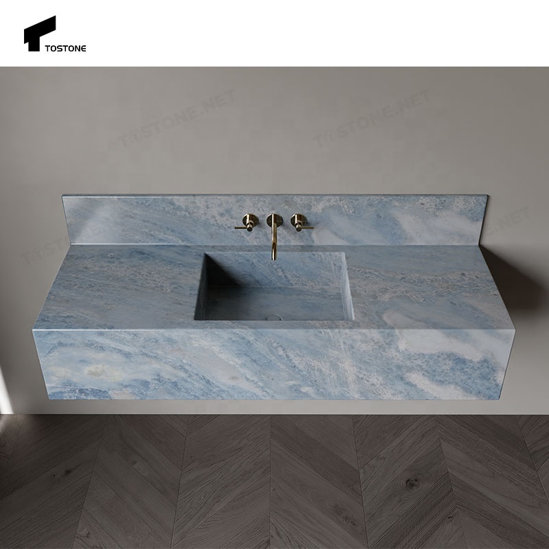 Tostone Bàn lavabo đá cẩm thạch xanh da trời tự nhiên vân bền phong cách đơn giản dành cho trang trí phòng tắm căn hộ, biệt thự, khách sạn, penthouse