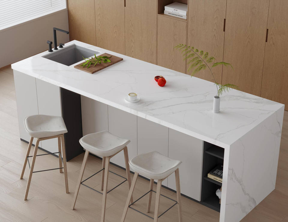 Tấm Đá Nung Kết Trắng Romania Vân Xám dùng cho Mặt Bàn Đảo Bếp và Ốp Tường Bếp Cao Cấp