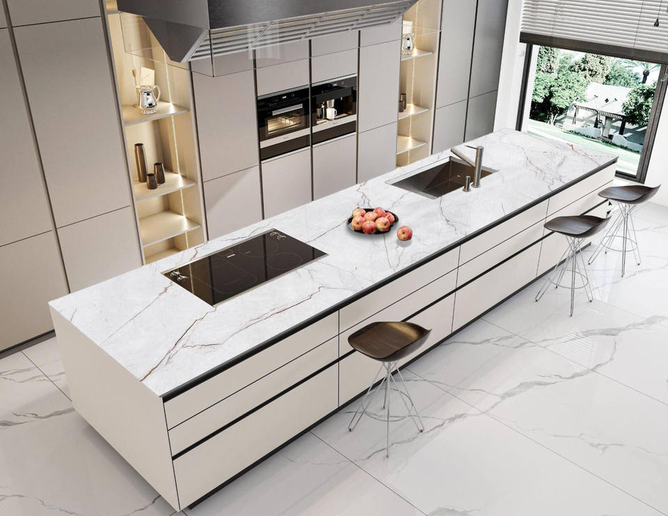 Đảo bếp tùy chỉnh kích thước Đá nung kết trắng Greenland vân vàng, bề mặt an toàn thực phẩm