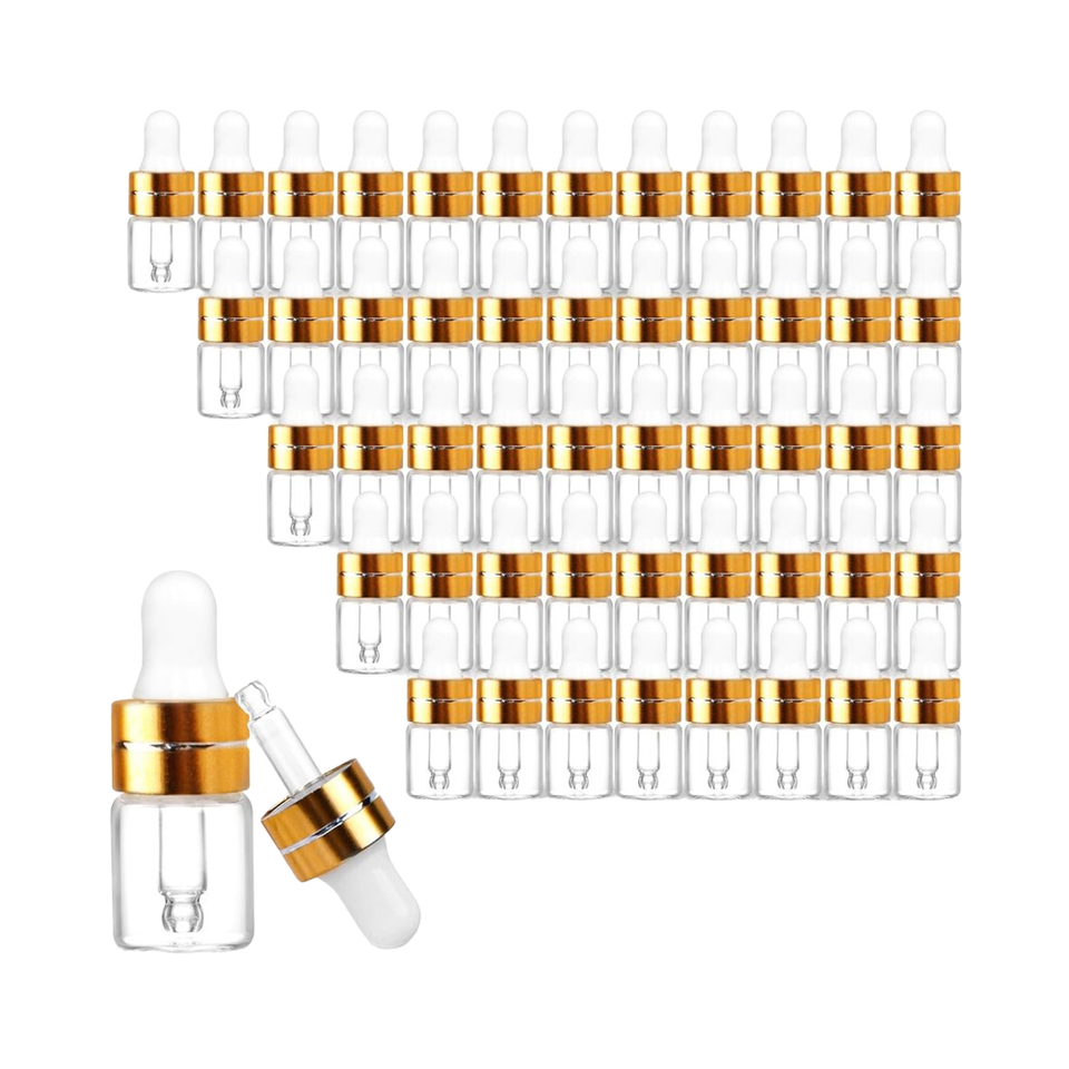 Bộ 50 Lọ Chiết Mẫu Mini Bằng Thủy Tinh Trong Suốt 2ml, Có Ống Nhỏ Giọt Nhựa, Được Phủ UV Và Khắc Axit, Dùng Cho Tinh Dầu, Nước Hoa, Màu Vàng