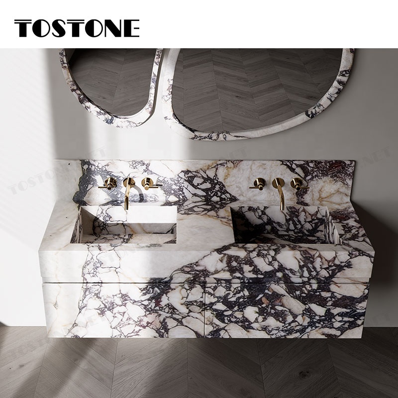Tostone Mặt bàn chậu rửa phòng tắm gắn tường bằng đá cẩm thạch Calacatta Viola tự nhiên đẹp dành cho nội thất tùy chỉnh phòng vệ sinh nhỏ