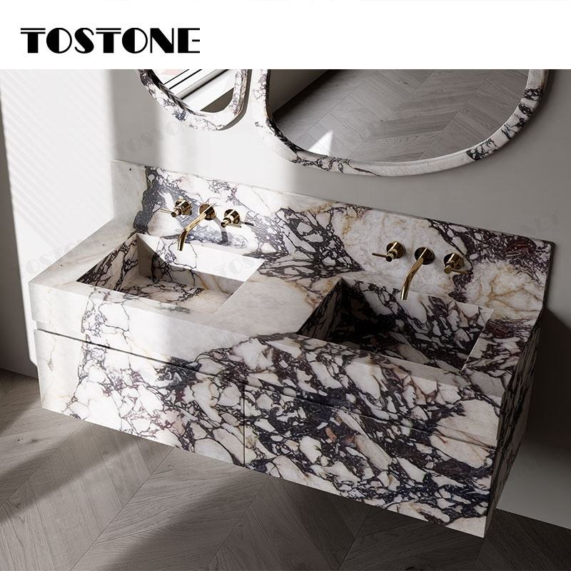 Tostone Mặt bàn lavabo phòng tắm gắn tường bằng cẩm thạch Calacatta Viola tự nhiên sang trọng, nội thất tùy chỉnh dành cho phòng vệ sinh