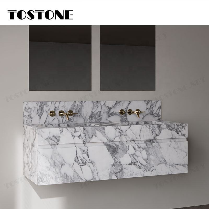 Tostone Mặt bàn lavabo phòng tắm gắn tường bằng đá cẩm thạch Arabescato Corchia tự nhiên sang trọng dành cho phòng vệ sinh nhỏ, thiết kế nội thất tùy chỉnh