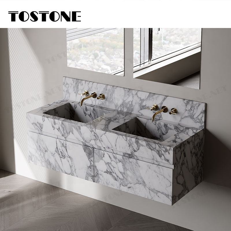 Tostone Mặt bàn trang điểm phòng tắm gắn tường Đá cẩm thạch Arabescato Corchia tự nhiên đẹp cho Phòng vệ sinh nhỏ Đồ nội thất tùy chỉnh