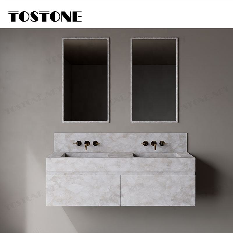 Tostone Mặt bàn lavabo phòng tắm gắn tường bằng đá thạch anh trắng tinh thể tự nhiên, chống thấm nước, bền bỉ, dành cho phòng vệ sinh, nội thất tùy chỉnh.