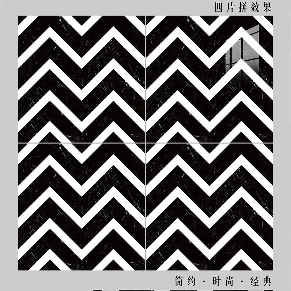 Gạch Porcelain Tráng men Đánh bóng Họa tiết Hình học Ốp Sàn Tường Trang trí Độc đáo Màu Đen Trắng Hoàn thiện Bóng cao Kích thước