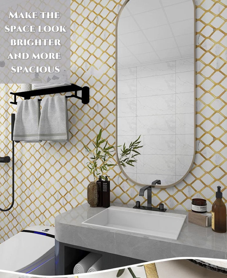 Gạch ốp tường lát sàn nội thất hiện đại sang trọng mosaic vàng hoa văn parquet bề mặt đánh bóng dùng cho khách sạn, nhà ở, bếp, phòng khách, tấm ốp trang trí tự nhiên