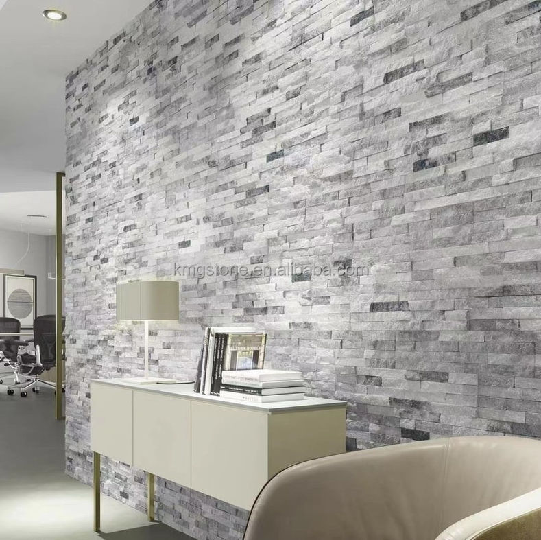 Tấm ốp tường đá phiến tự nhiên xám dạng veneer ngoại thất hiện đại
