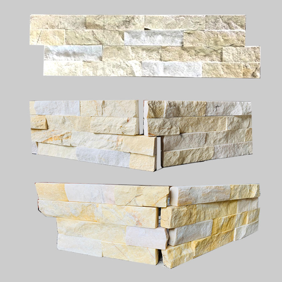 2023 Customized Size Yellow Stone Stacked Panel Natural Split Quartz Wall Decoration Traditional Design Style Hot-Sale Antacid