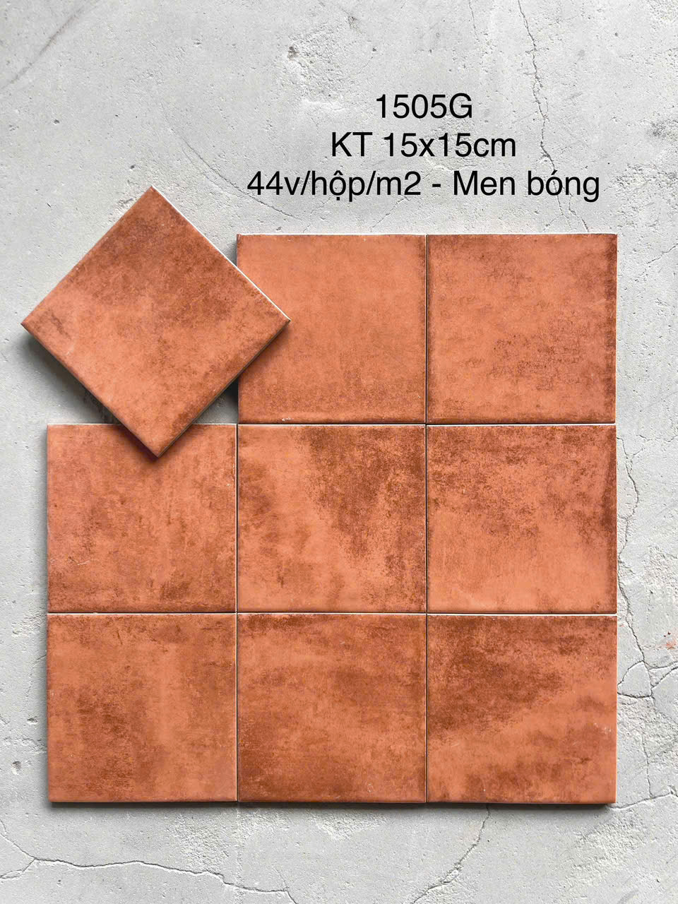 Gạch thẻ cam men bóng KT 150x150mm (1h/1m/44v/17.5kg)