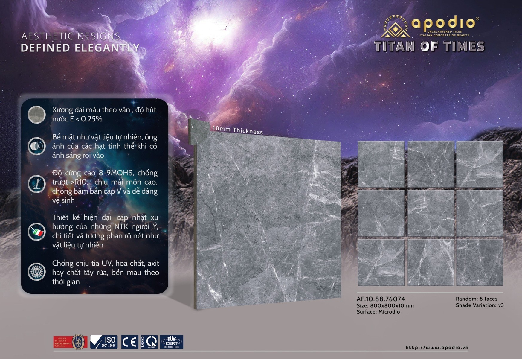 Gạch ốp lát Apodio 80x80 AF.10.88.76074 - Matt Tinh thể