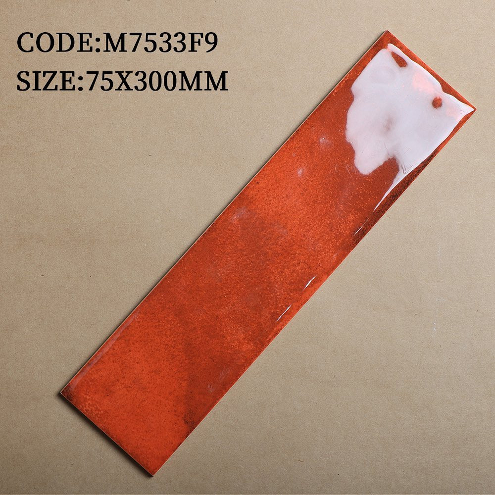 Gạch thẻ Trung Quốc, Đỏ cam bóng lượn, KT 75x300 mm, M7533F9 (1 hộp/ 50 viên/ 1.125m2)