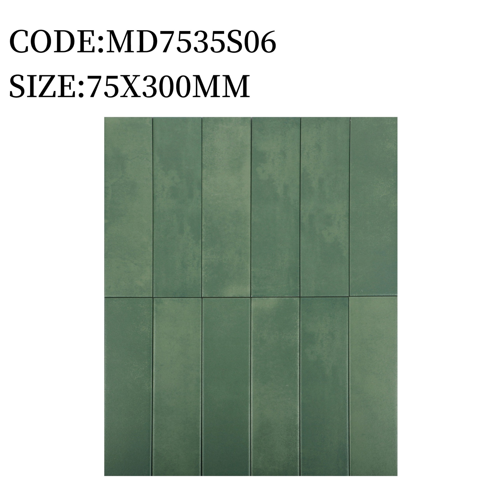 Gạch thẻ Trung Quốc, Xanh lá loang mờ phẳng, KT 75x300 mm, MD7535S06 (1 hộp/ 44 viên/ 1.125m2)