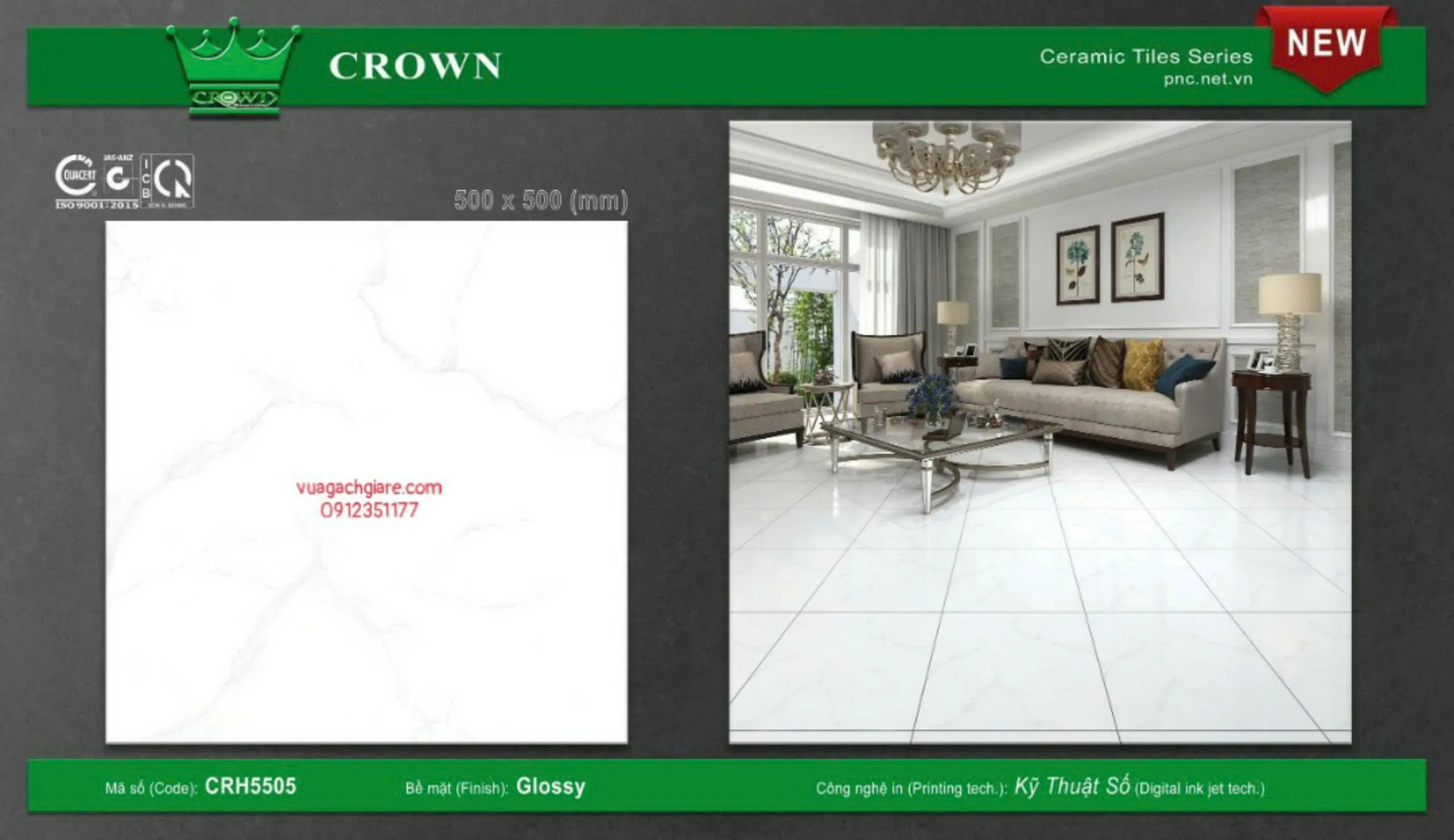 Gạch Men 50x50 Lát Nền Crown Giá Rẻ trắng vân khói CRH5505